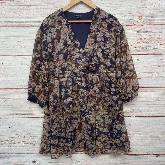 Madewell Drawstring Faux-Wrap Mini Dress in Daisy Reverie Sz S - Picture 7 of 16